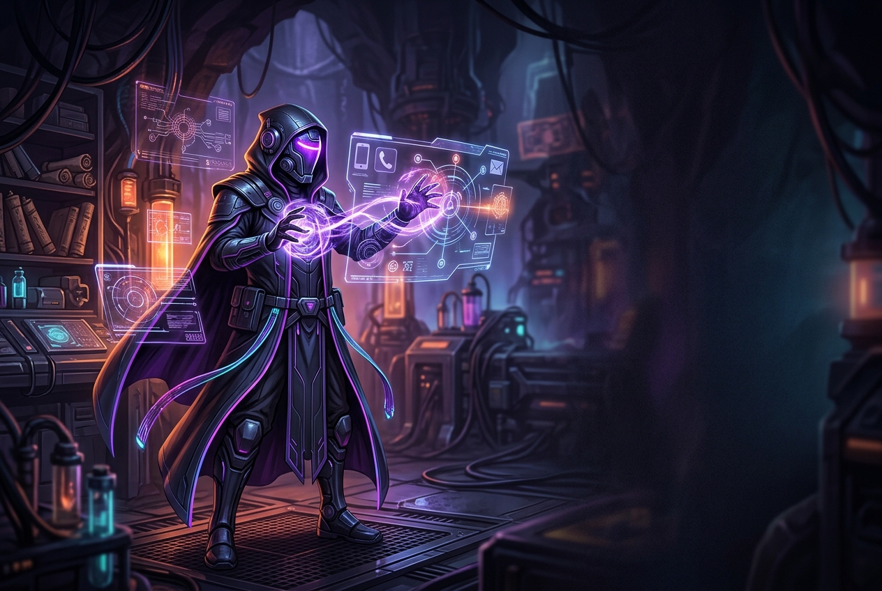 A futuristic wizard sending a digital contact message